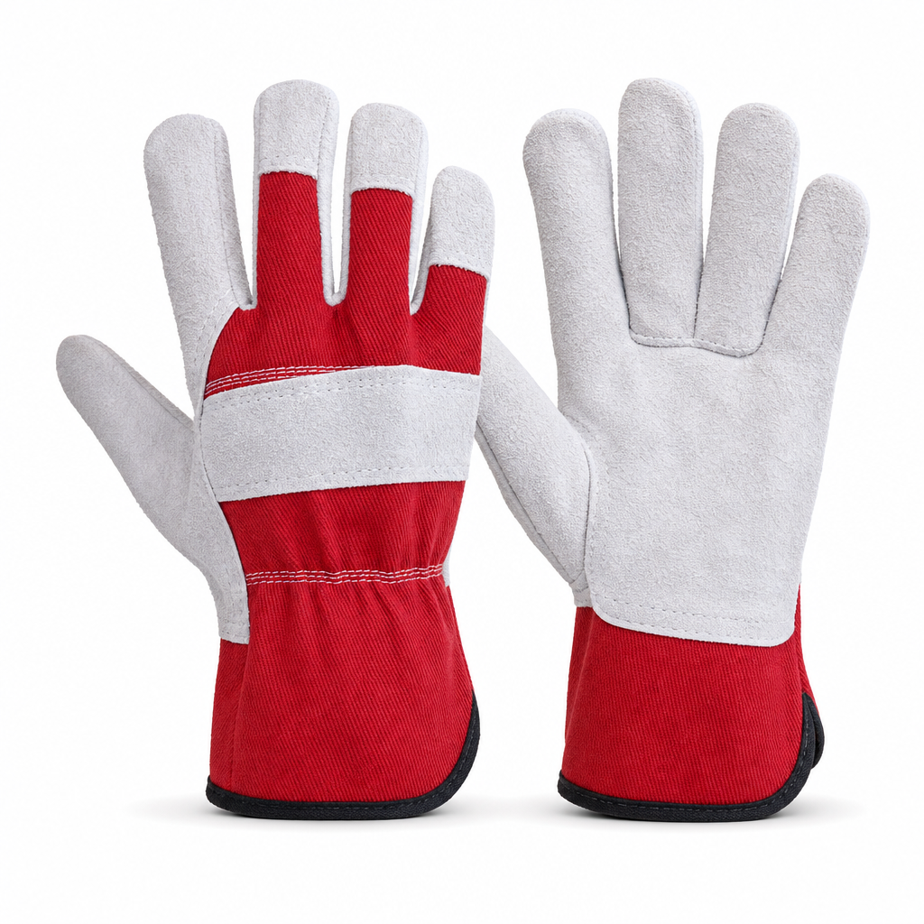 48 Pieces Leather/Coated Work Gloves, 24 cm, Red and White, 1 Pair