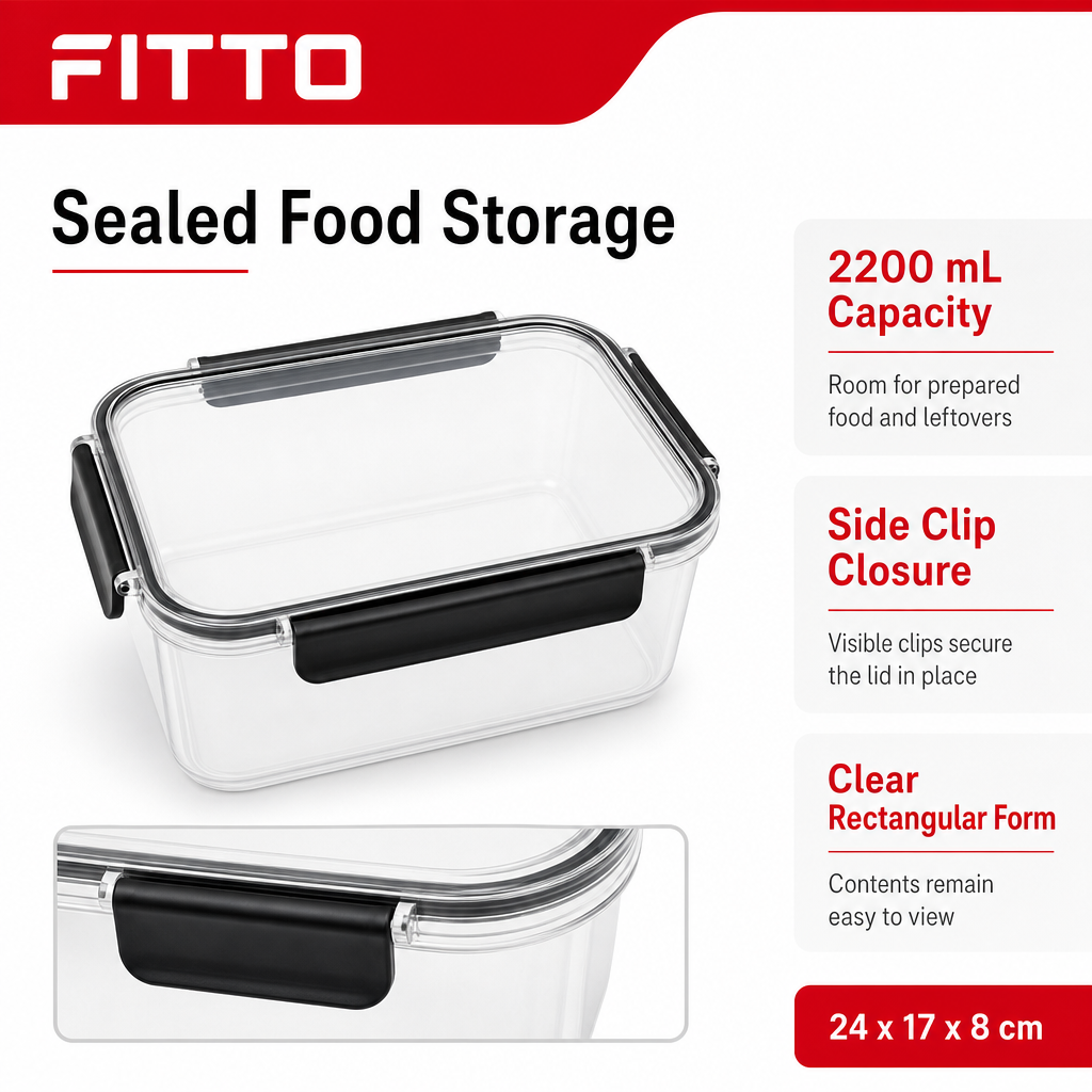 72 Pieces Food Storage Containers, Leak-Proof Sealed Design, 2200 mL, Clear Rectangular Container with Side Clips, 24 x 17 x 8 cm
