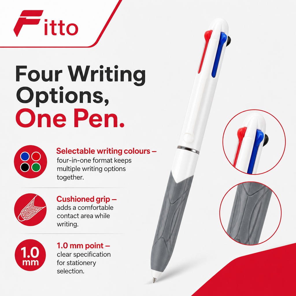 240 Pieces 4-in-1 Ball Pens with Cushioned Grip, Selectable Writing Colours, 1.0 mm