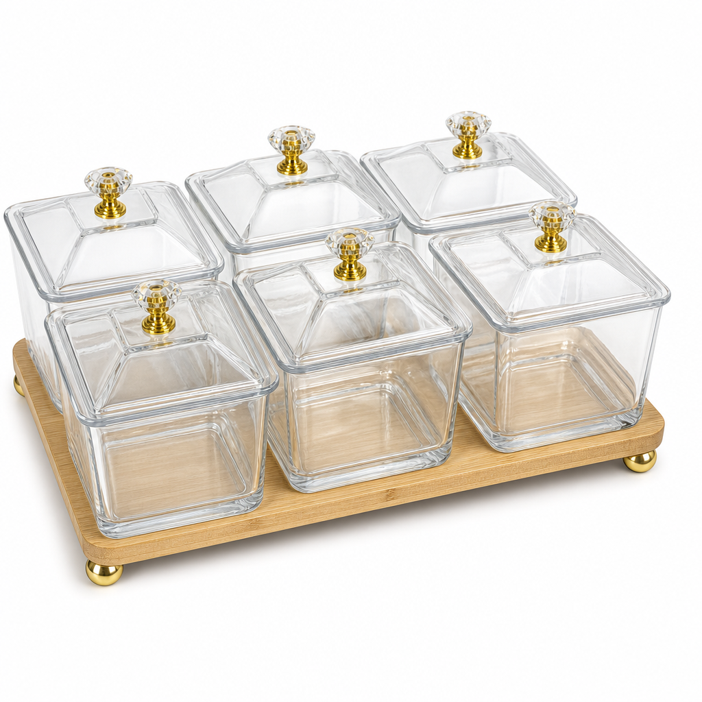 60 Pieces Glass Food Storage Jar Set with Lids, Gold-Tone Knobs and Wooden Stand, Clear Square Design
