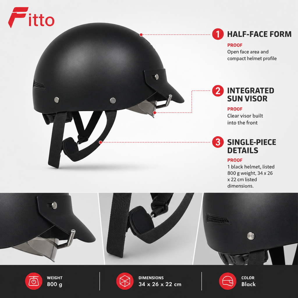 72 Pieces Half-Face Motorcycle Helmets with Sun Visor, Black, 1 Piece