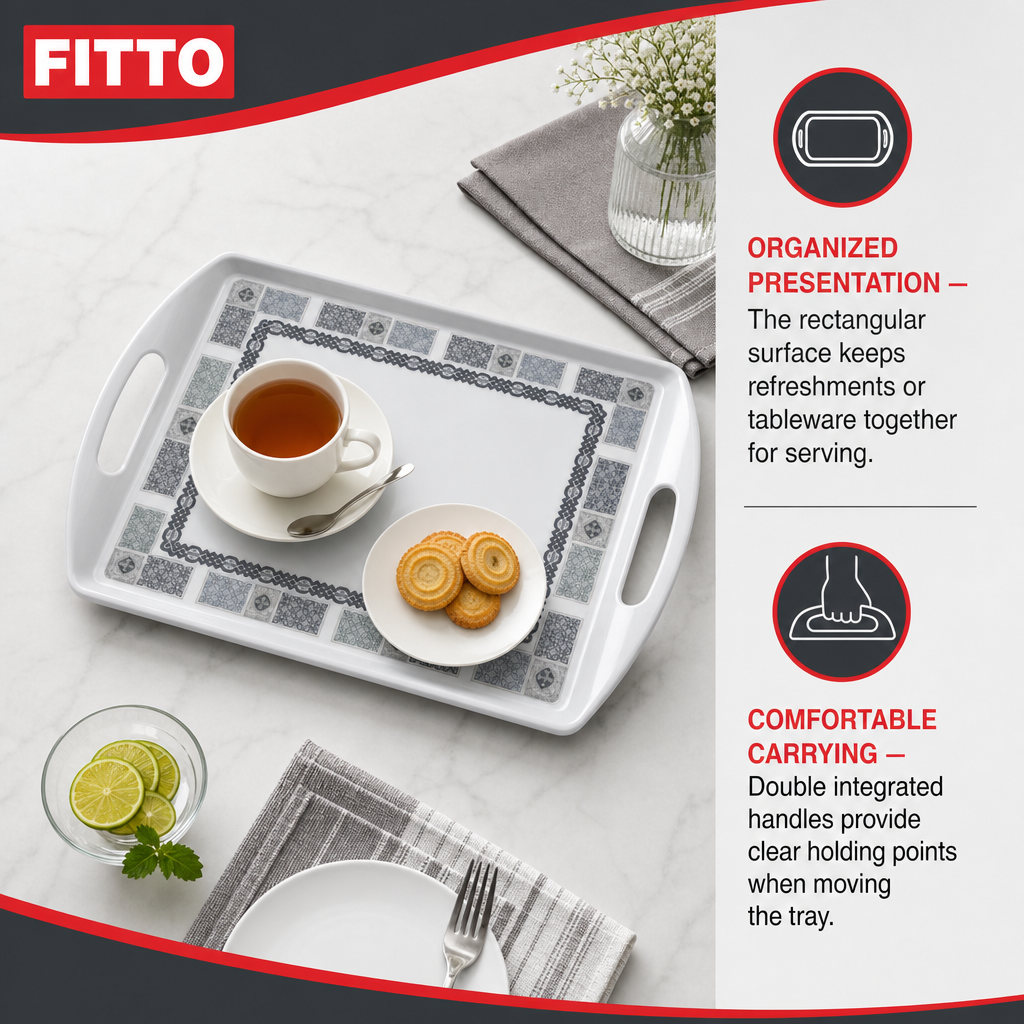 96 Pieces Melamine Serving Trays with Double Handles, Rectangular 15 Inch, Grey Geometric Border