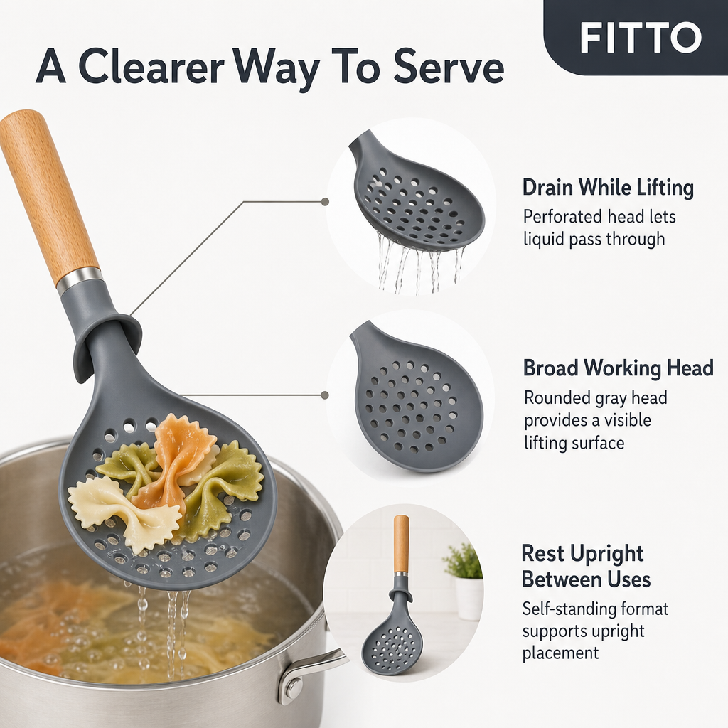96 Pieces Self-Standing Skimmer with Wooden Handle, Perforated Kitchen Utensil, Gray Head, 31 cm