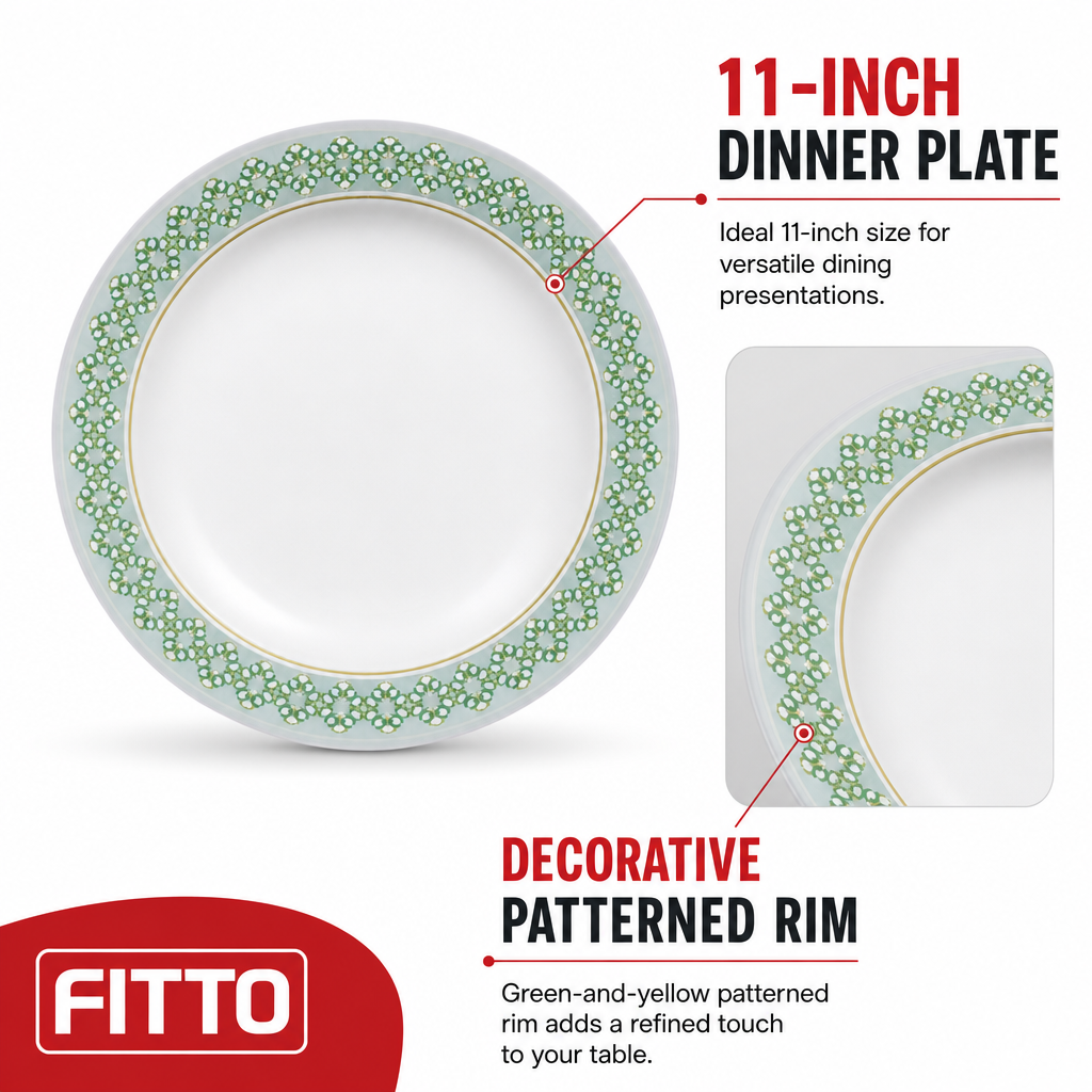 96 Pieces Melamine Dinner Plate, 11 Inch Round Tablewares, White with Green and Yellow Pattern