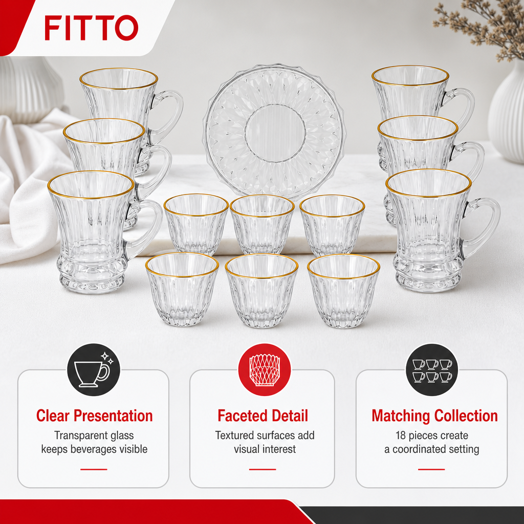 48 Pieces Clear Faceted Glass Tea and Coffee Set, 18 Pieces, Gold-Rimmed Cups and Saucers