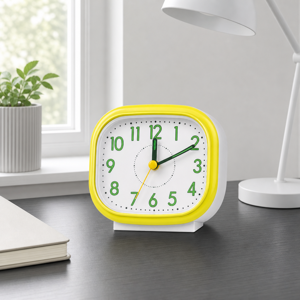 96 Pieces Quartz Alarm Clocks, Yellow and White Square Design with Large Green Numbers for Bedroom or Desk