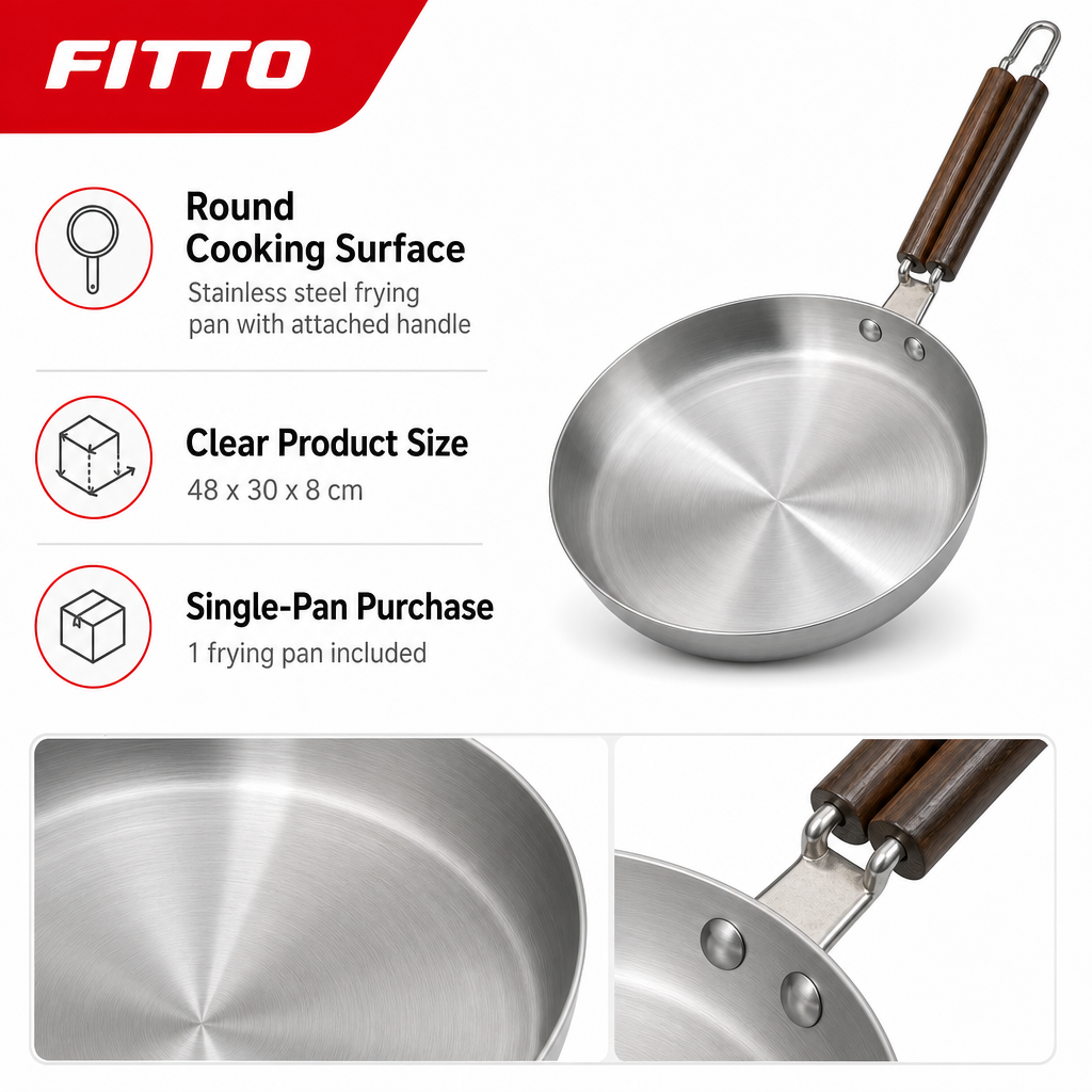 60 Pieces Stainless Steel Frying Pan with Handle, Round Cookwares for Kitchen Cooking, 48 x 30 x 8 cm