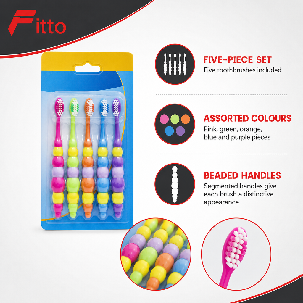 144 Pieces Assorted Colour Toothbrushes with Beaded Handles, 5-Piece Set