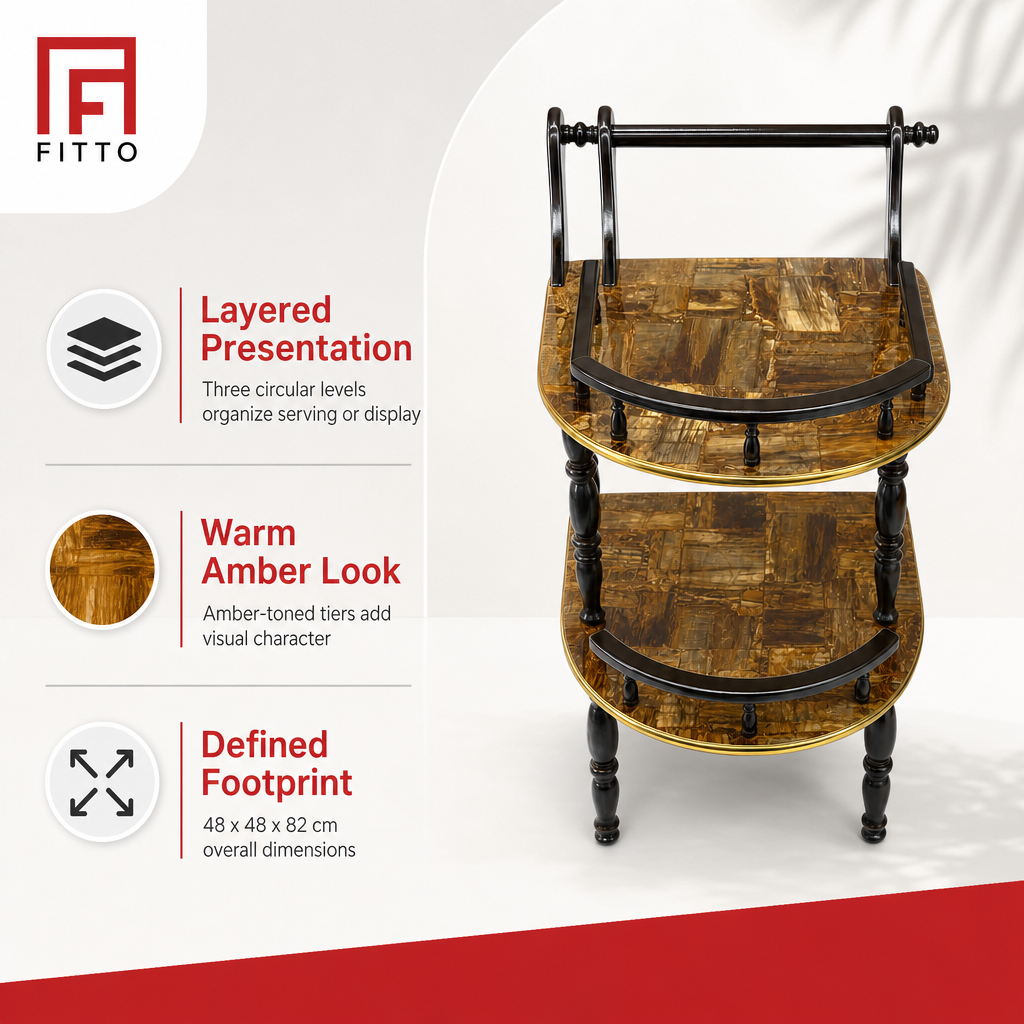 48 Pieces Three-Tier Round Serving Trolleys with Metal Frame, Amber, 48 x 48 x 82 cm