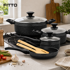 48 Pieces 7-Piece Non-Stick Cookwares Set with Glass Lids and Frying Pan, Black Granite
