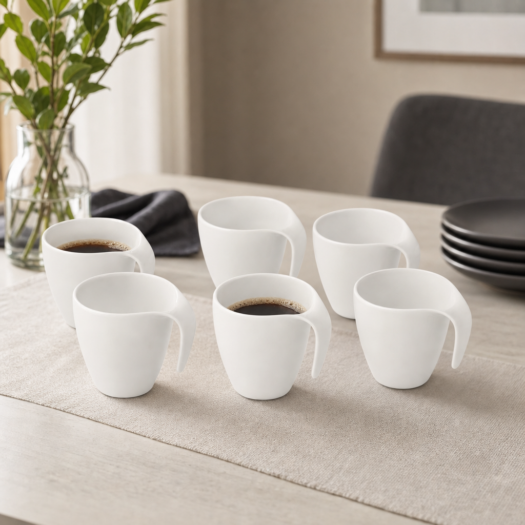 60 Pieces Ceramic Coffee Cups with Curved Handles, White, 6 Pieces