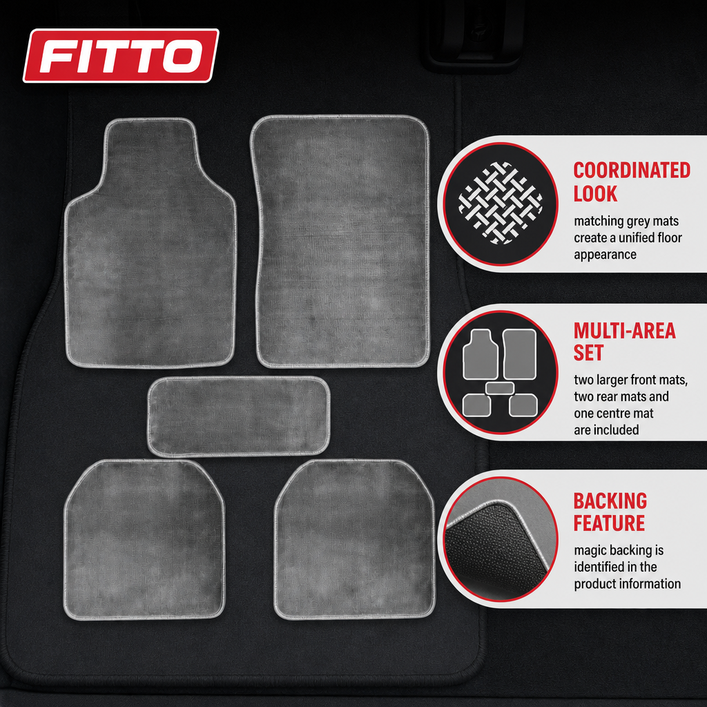 48 Pieces Universal Car Floor Mat Set, 5-Piece Grey Cashmere Fiber Mats with Magic Backing, 75 x 50 cm