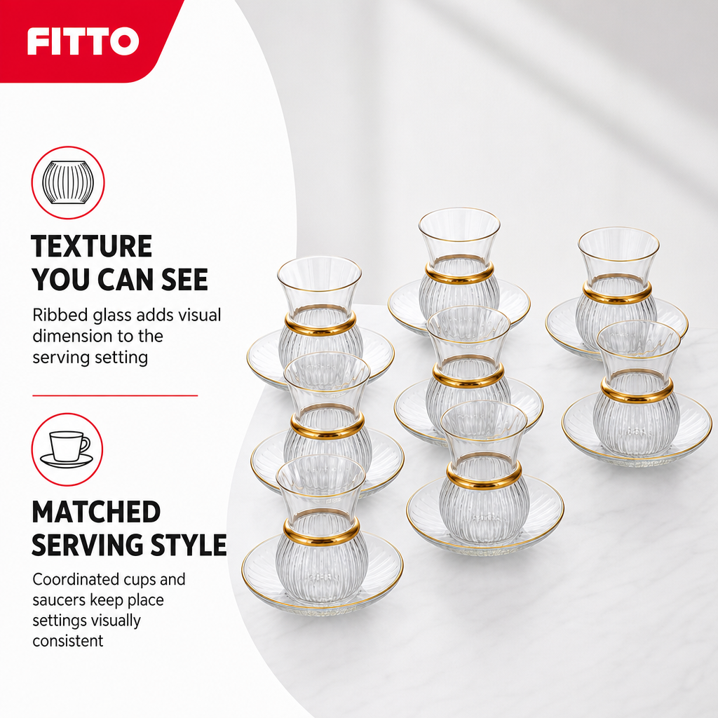 60 Pieces Ribbed Glass Tea Cup and Saucer Set with Gold Rim, Clear, 12 Pieces