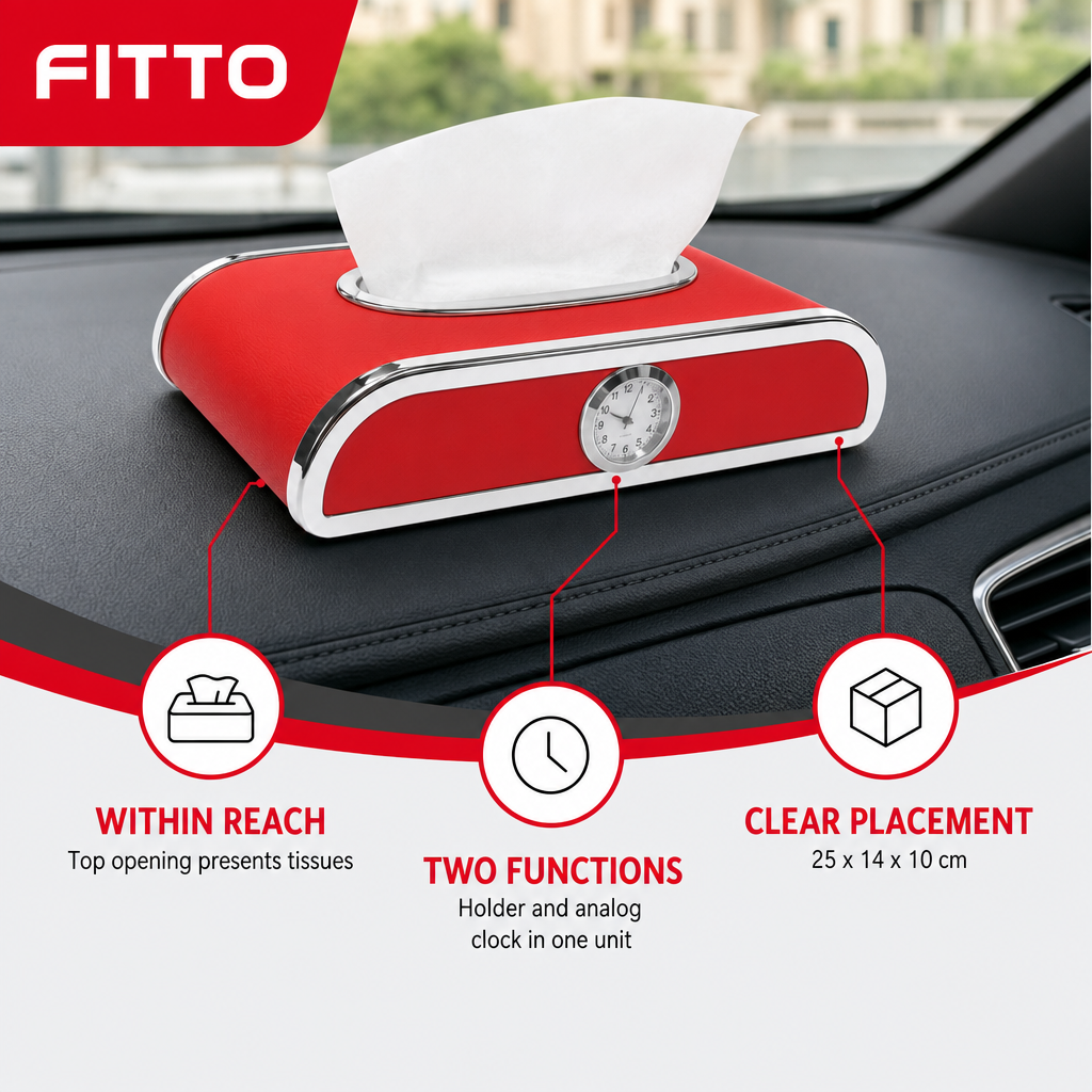 60 Pieces Car Dashboard Tissue Box Holder with Analog Clock, Red, 25 x 14 x 10 cm