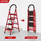 48 Pieces Folding Metal Step Ladder, 4-Step A-Frame Design, Red, 1 Piece, 141 x 44 cm