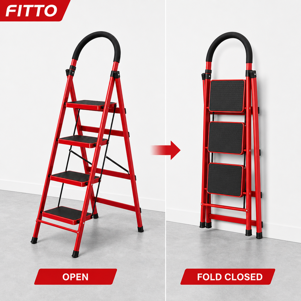 48 Pieces Folding Metal Step Ladder, 4-Step A-Frame Design, Red, 1 Piece, 141 x 44 cm