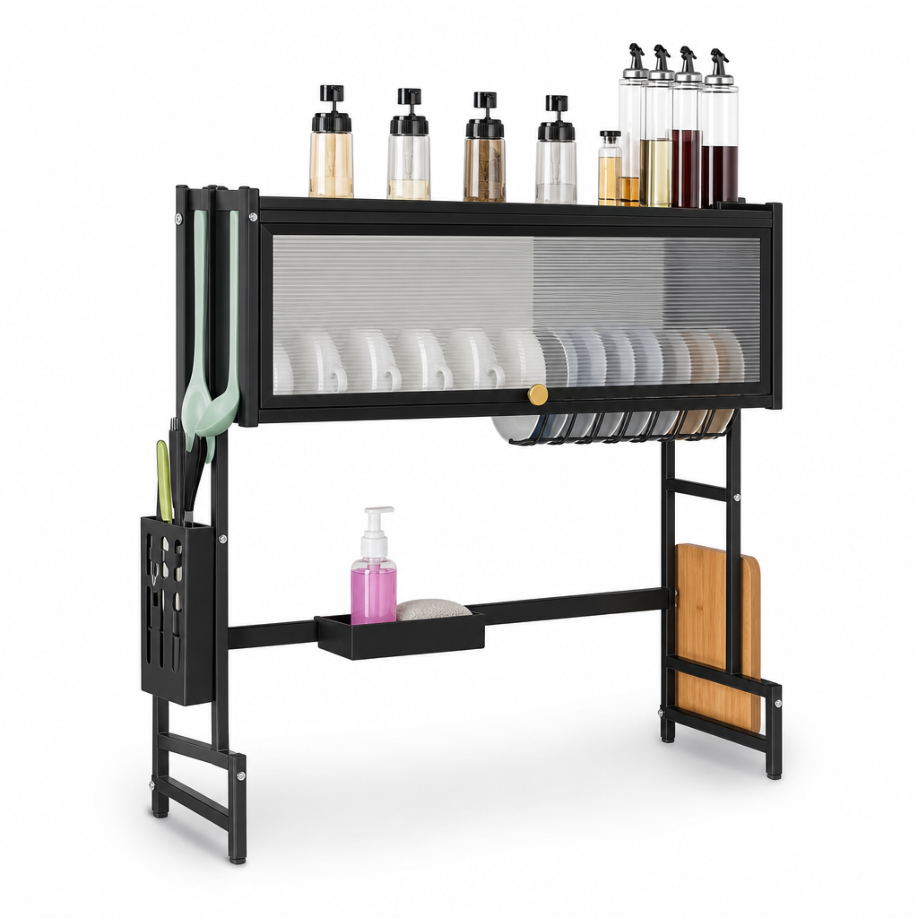 48 Pieces Over-the-Sink Dish Drying Rack with Cup, Plate and Utensil Holders, Black, 85 × 25 × 90.5 cm