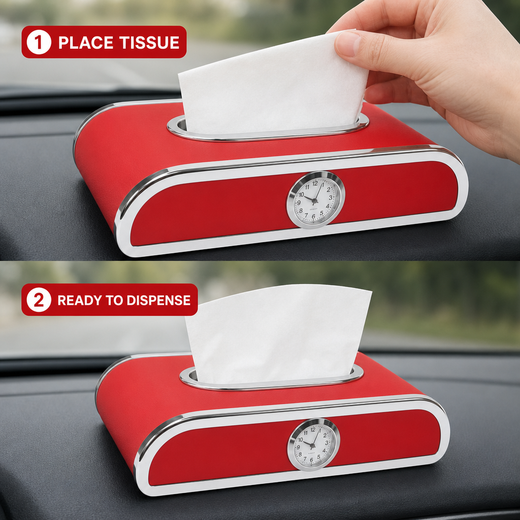 60 Pieces Car Dashboard Tissue Box Holder with Analog Clock, Red, 25 x 14 x 10 cm