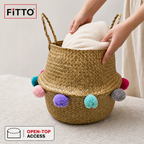 72 Pieces Woven Seagrass Basket with Pom Pom Trim, Natural Decorative Storage Basket with Handles, 35 x 35 x 32 cm
