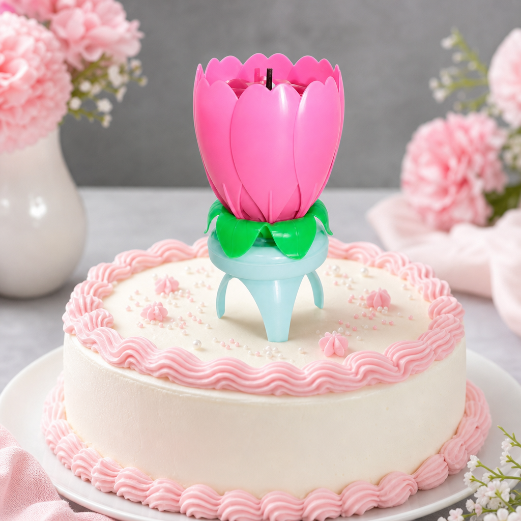 120 Pieces Pink Flower Music Cake Candle, Opening Floral Design, 1 Piece