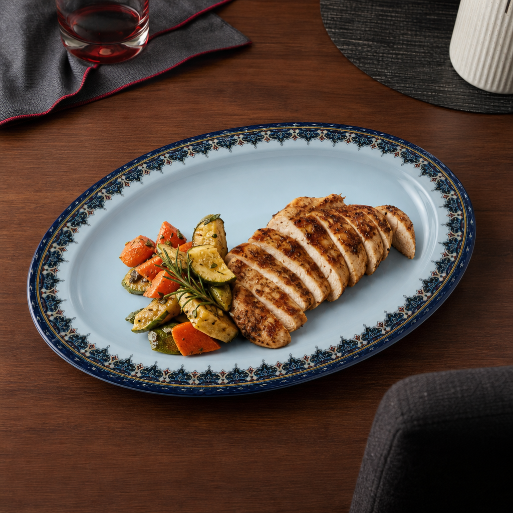 96 Pieces Melamine Oval Serving Plate, 17 Inch, Light Blue With Patterned Rim, Single Piece