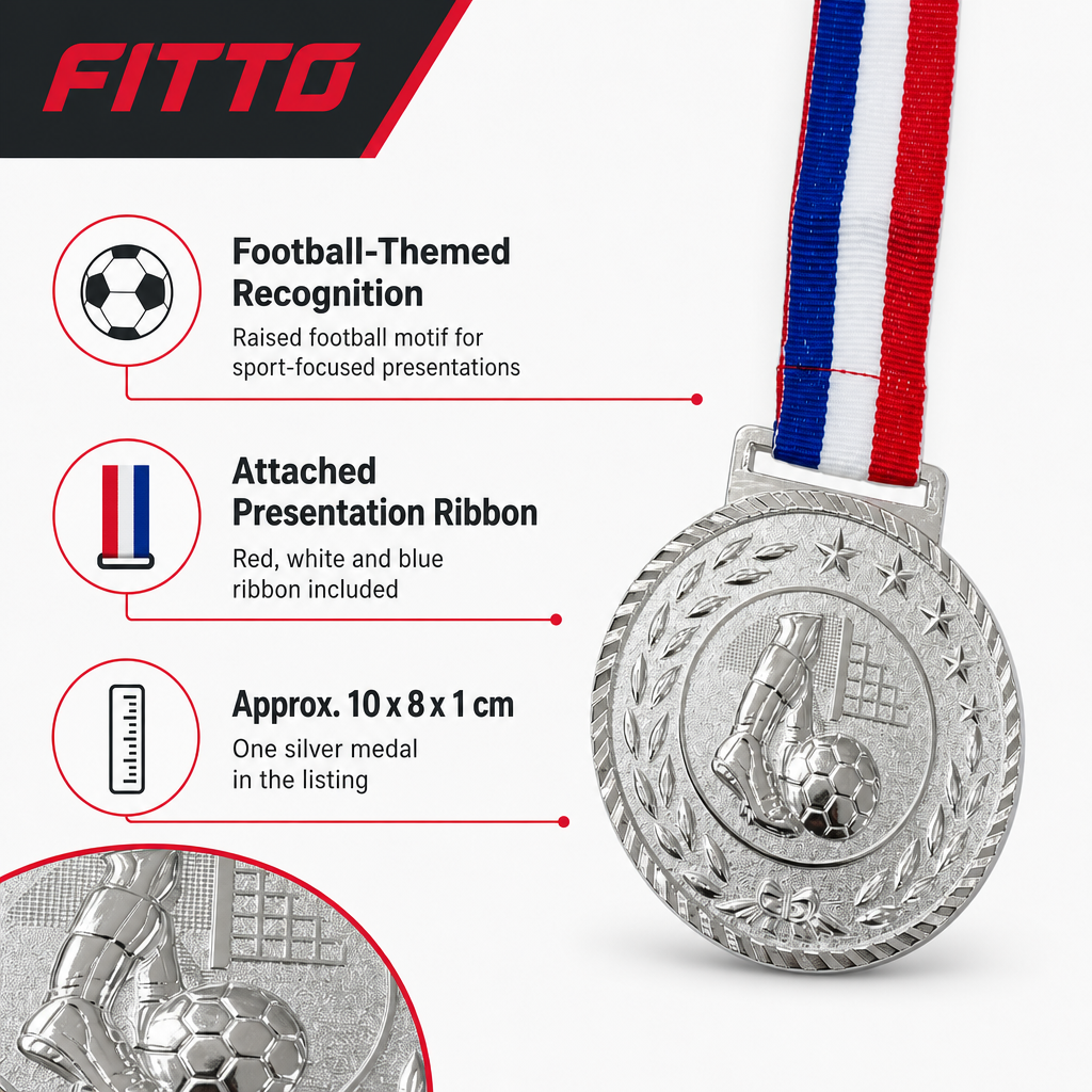 144 Pieces Football Sports Medal with Red White and Blue Ribbon, Silver