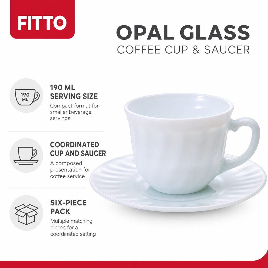 72 Pieces Opal Glass Coffee Cups with Saucers, 190 ml, 6-Piece Pack