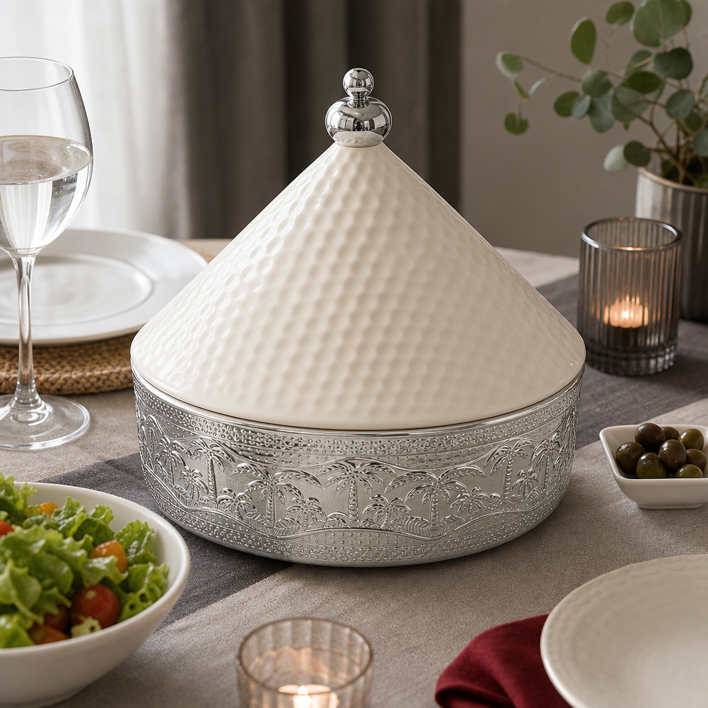 48 Pieces Ceramic Tagine Serving Casserole, White and Silver, Ornate Lidded Cookwares, 32 cm, 1 Piece