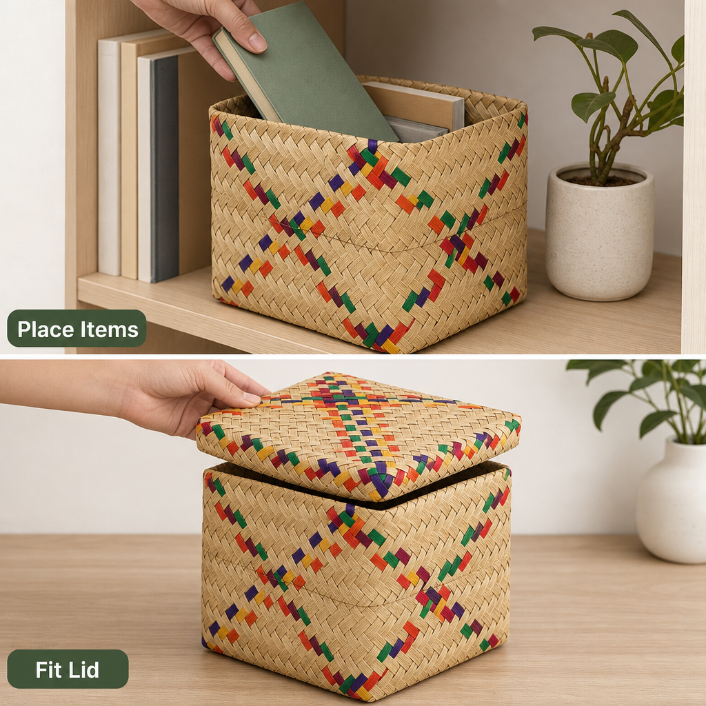 96 Pieces Woven Cube Storage Box with Lid, Multicolour Pattern, 3 x 3 Inch