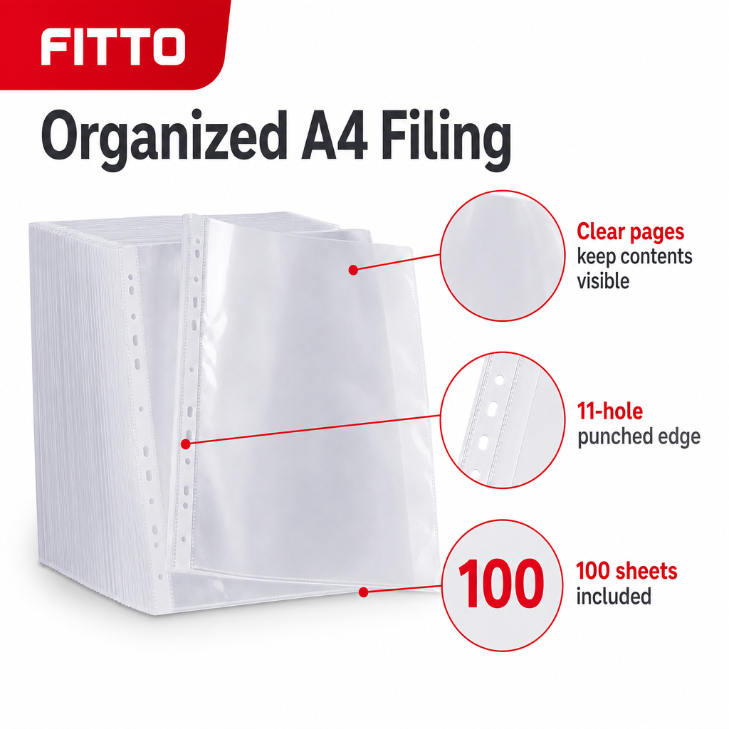 96 Pieces Clear A4 Sheet Protectors, 100 GSM, 11-Hole Punched, 100 Sheets for Filing and Presentations