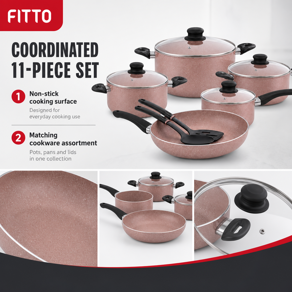 48 Pieces 11-Piece Non-Stick Cookwares Set, Almondine Pots and Pans for Everyday Cooking