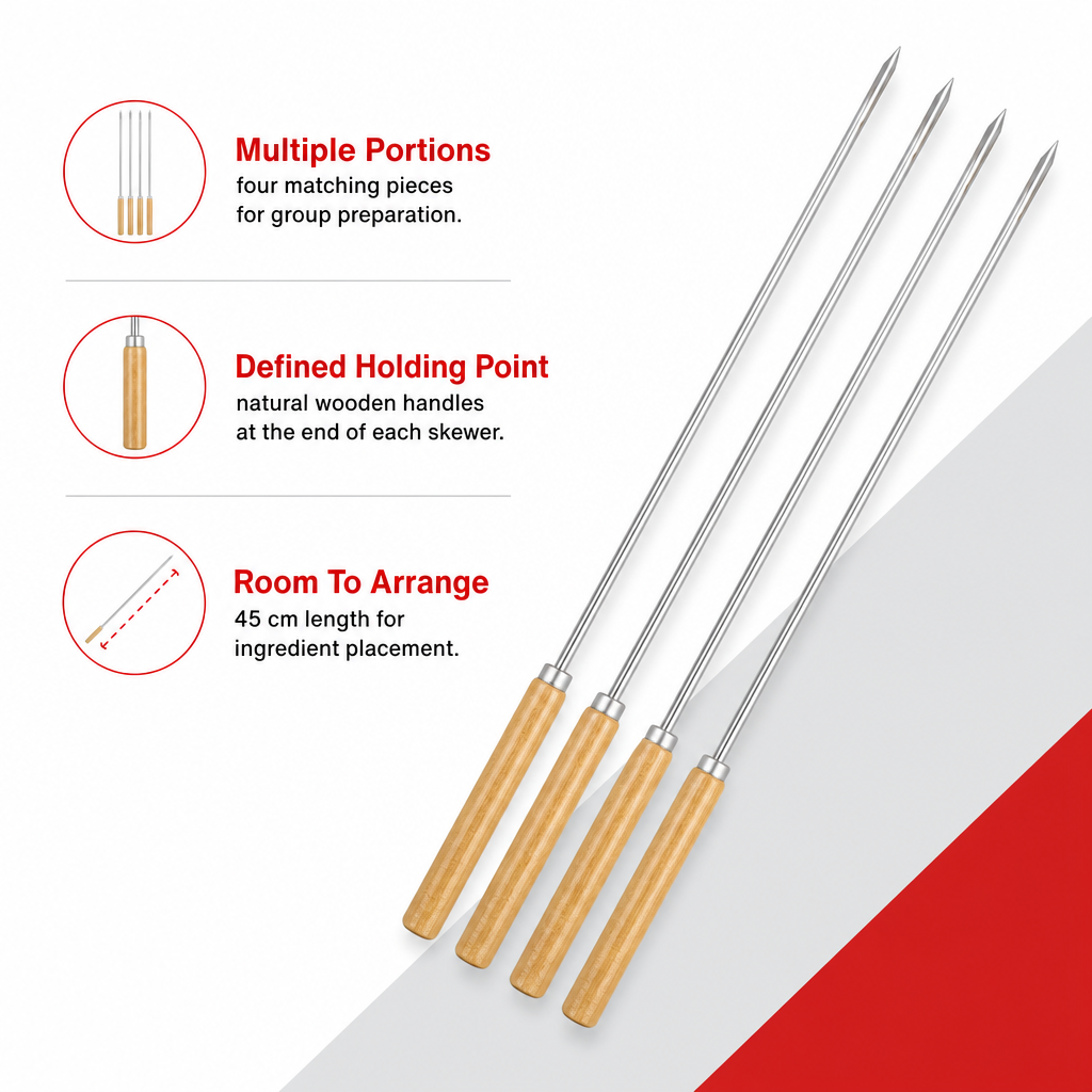144 Pieces BBQ Skewers Stainless Steel with Wooden Handles 4 Piece Set 45 cm Silver