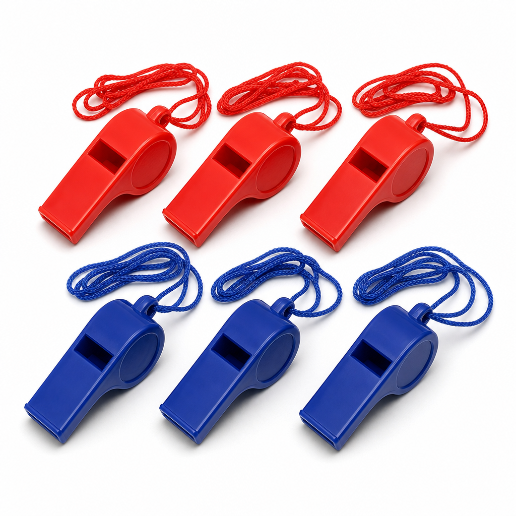 240 Pieces Sports Whistles with Neck Strings, Red and Blue Plastic, 6 Pieces