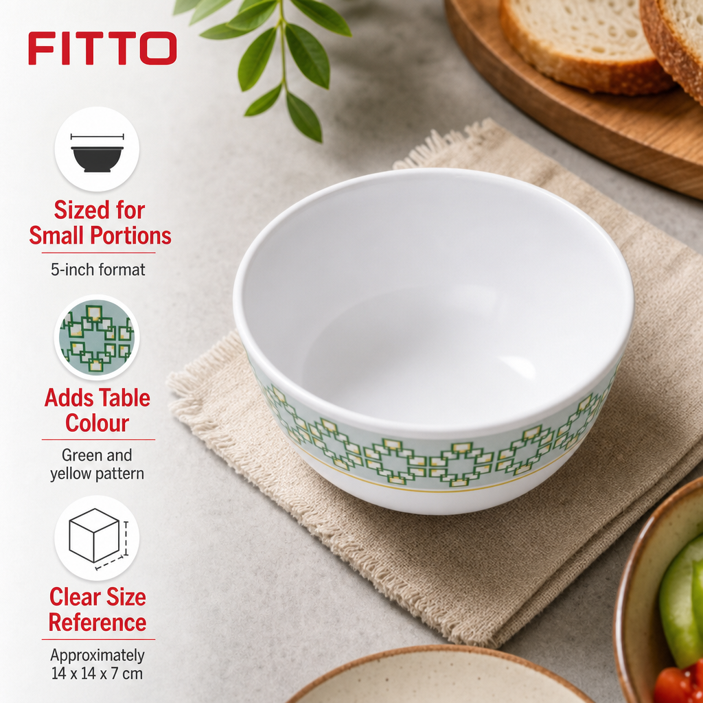120 Pieces Melamine Rice Bowl, 5 Inch, White with Green and Yellow Pattern, Single Piece