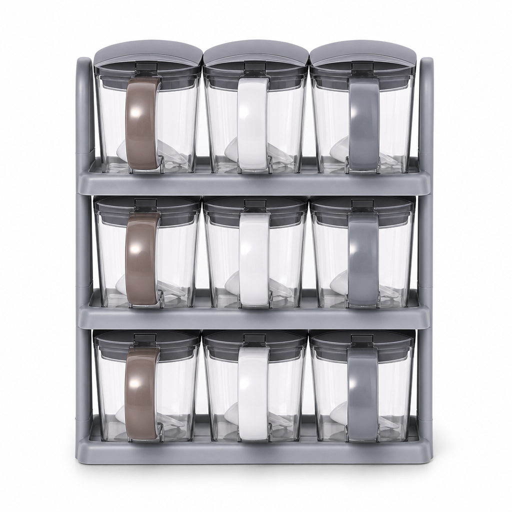 60 Pieces Spice Jar Sets with Rack, 9 Glass Containers, Assorted Colours for Kitchen Seasoning Storage