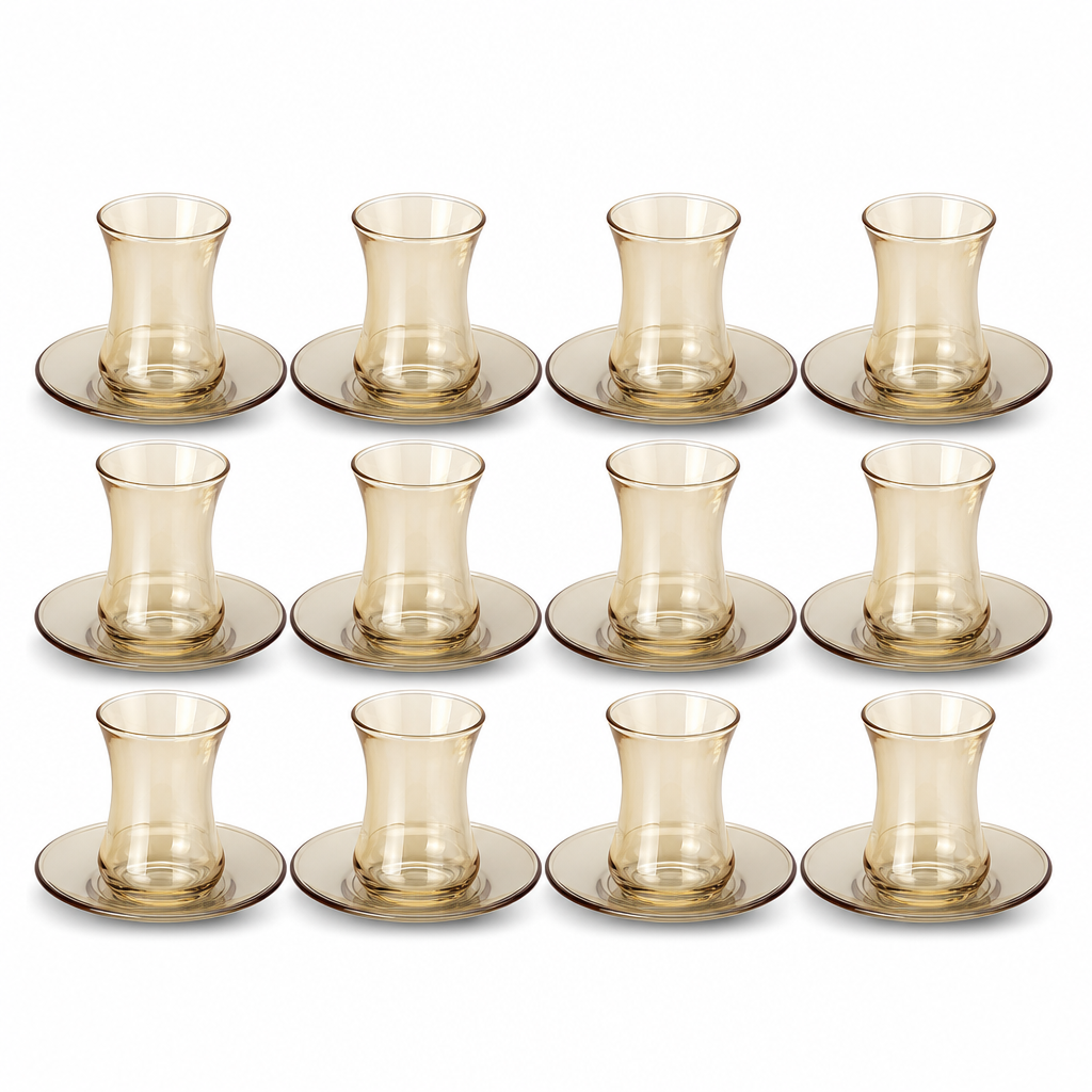 60 Pieces Glass Tea Cup and Saucer Set, Gold Tint, 12 Pieces