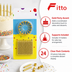 144 Pieces Gold Cake Candles with Holders, 24 Pieces, Party Decoration Set for Cakes and Desserts