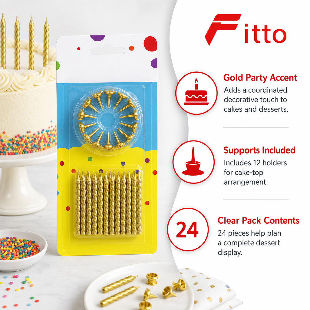 144 Pieces Gold Cake Candles with Holders, 24 Pieces, Party Decoration Set for Cakes and Desserts