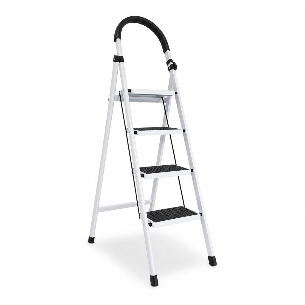 48 Pieces Folding Metal Step Ladder, 4-Step Design, White, 141 x 44 cm, 1 Piece