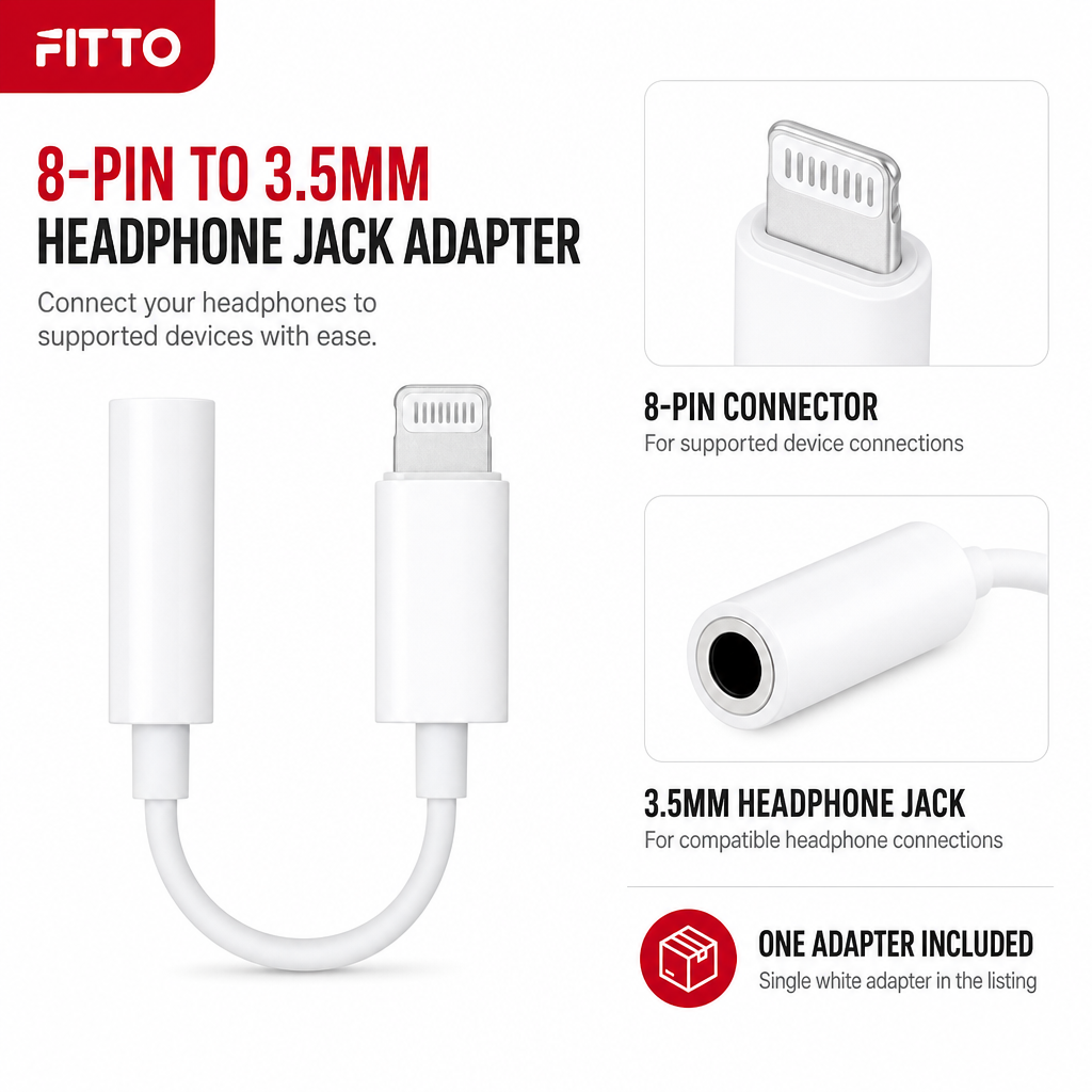 144 Pieces 8-Pin to 3.5mm Headphone Jack Adapter, White, Single Adapter