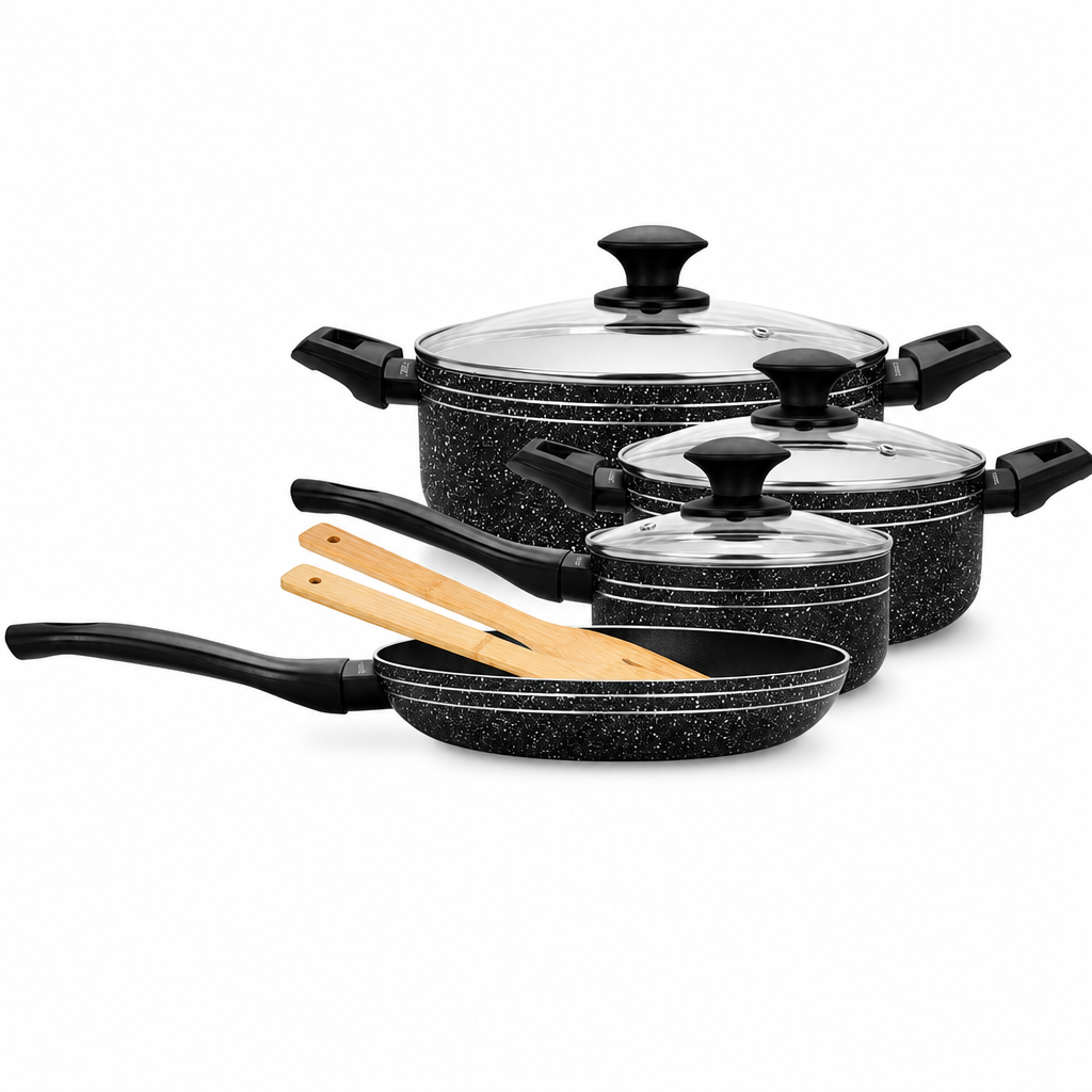 48 Pieces 7-Piece Non-Stick Cookwares Set with Glass Lids, Black Pots and Pan Set for Home Cooking