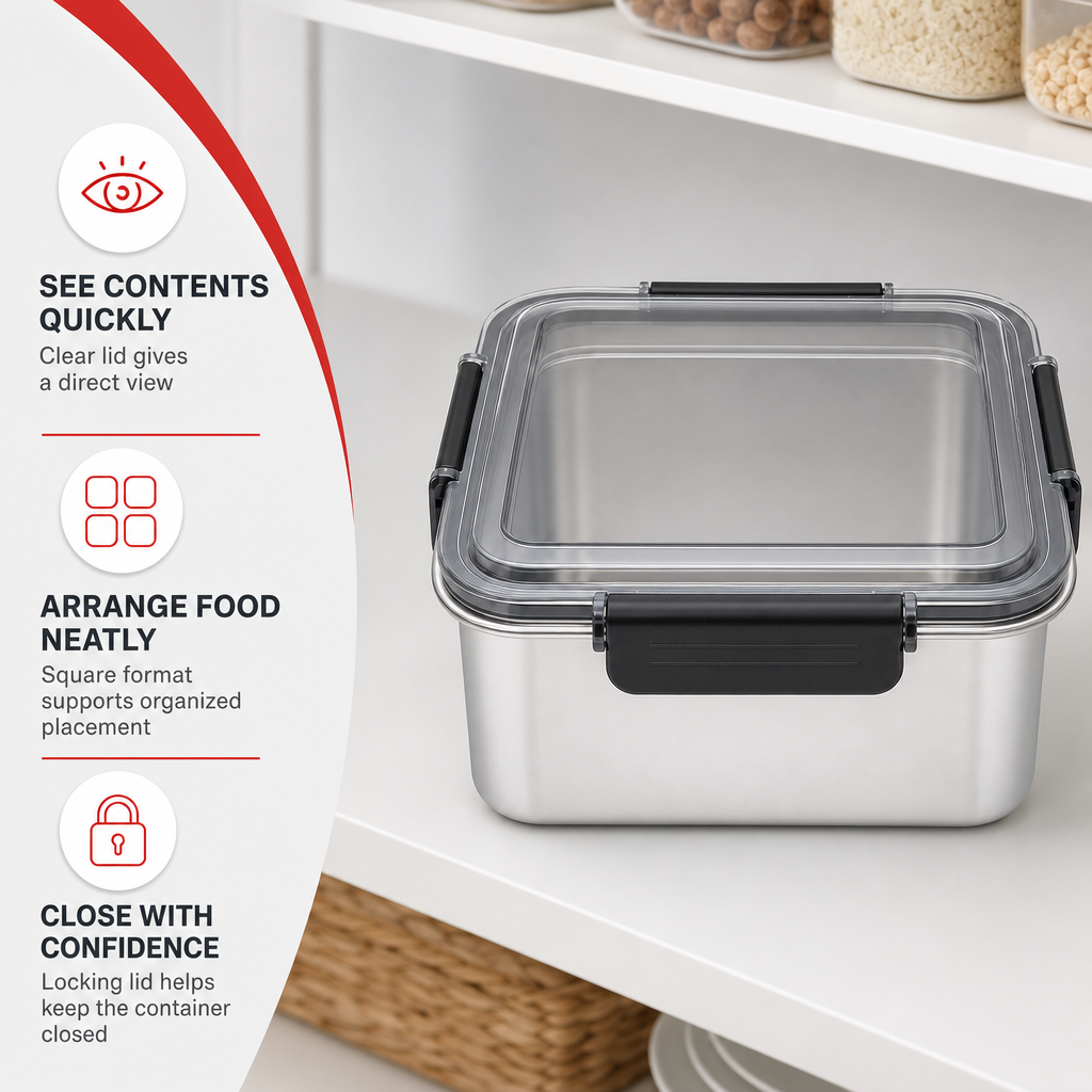 96 Pieces Silver Square Stainless Steel Food Storage Containers with Clear Locking Lid, 22 x 22 x 9 cm