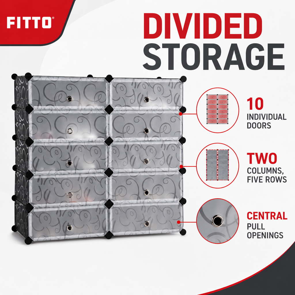 48 Pieces 10-Door Modular Storage Cabinet, Grey And Black, 95 x 37 x 93 cm, 1 Unit