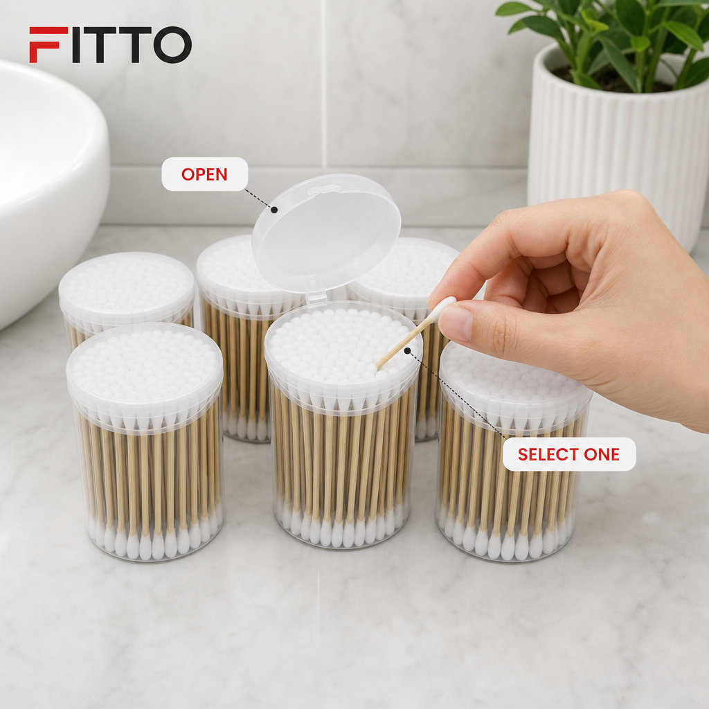 120 Pieces Cotton Buds, Bamboo Sticks with White Cotton Tips in Plastic Cans, 100 Pieces per Can, 6-Pack