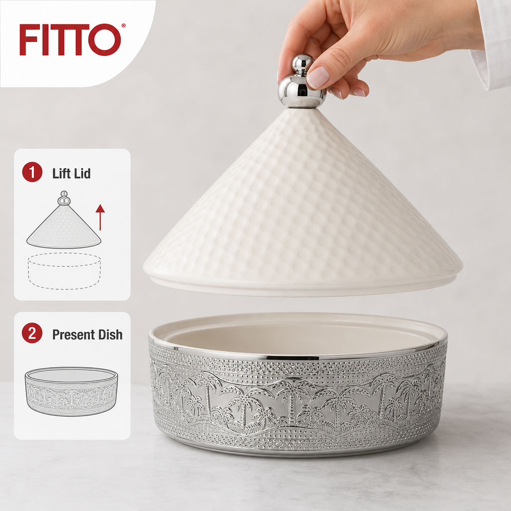 48 Pieces Ceramic Tagine Serving Casserole, White and Silver, Ornate Lidded Cookwares, 32 cm, 1 Piece