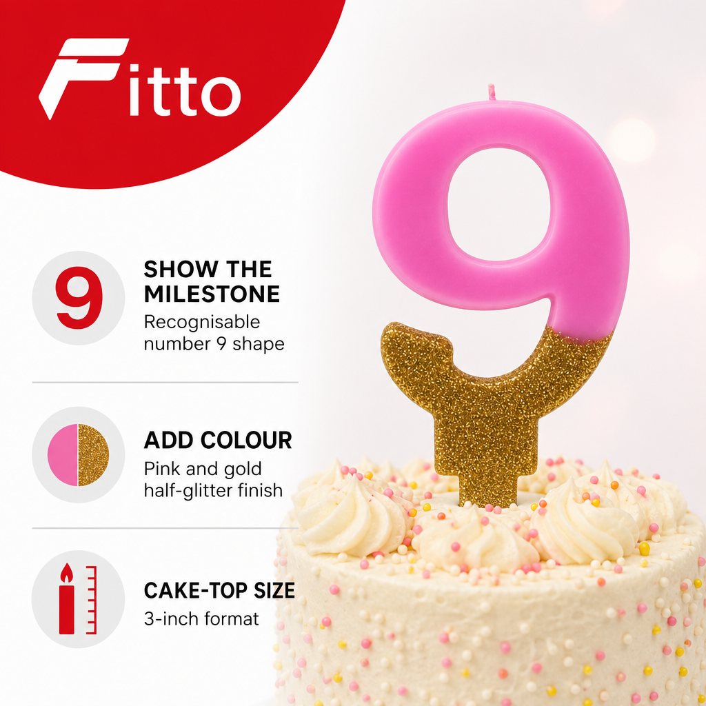 240 Pieces Number 9 Birthday Cake Candle, Pink and Gold Half-Glitter Decoration, 3 in