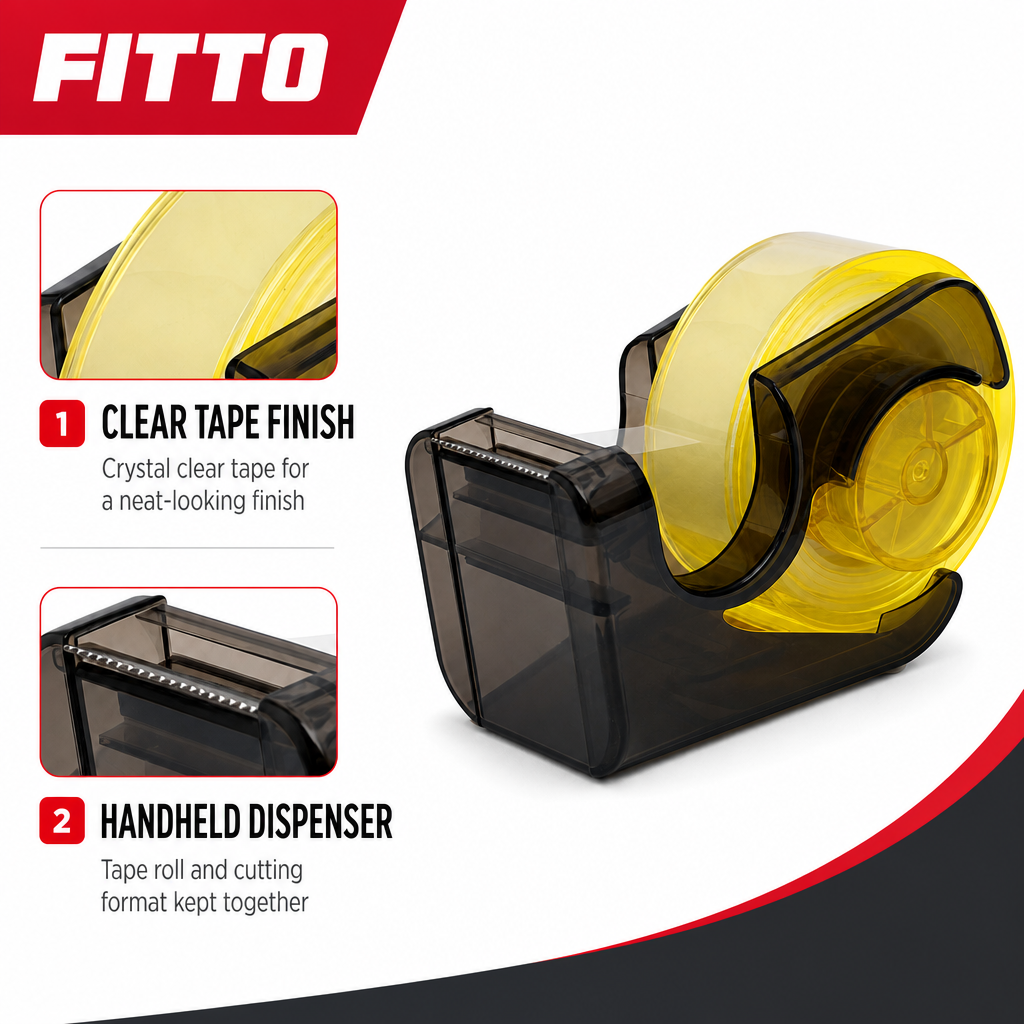 144 Pieces Crystal Clear Tape Dispensers Set, Black and Yellow Handheld Dispenser with Transparent Tape, 1 Set