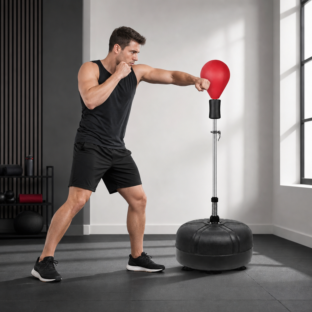 48 Pieces Adjustable Freestanding Punching Ball Stands with Steel Spring Pole, 140–160 cm, Red and Black