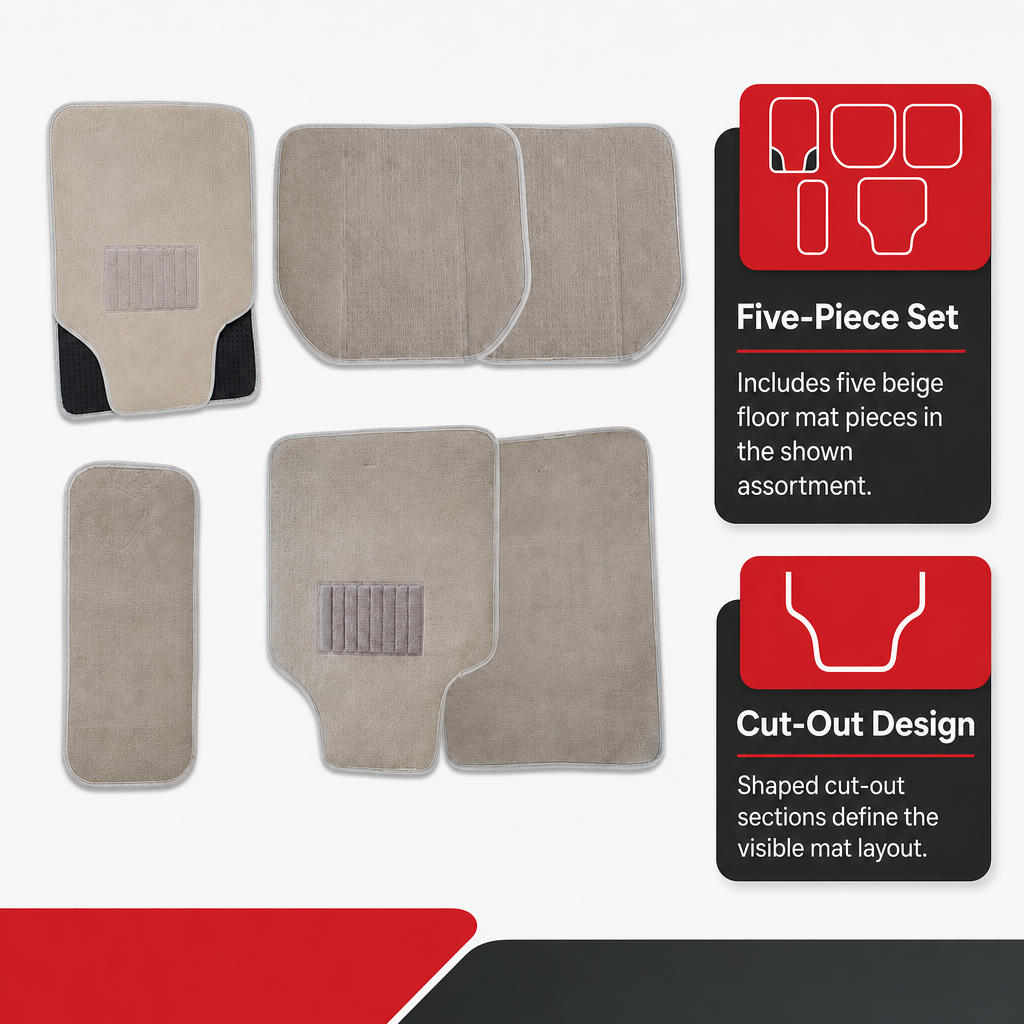 72 Pieces Universal Car Floor Mat Sets, Beige Carpet-Style Cut-Out Design, 5-Piece
