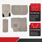 72 Pieces Universal Car Floor Mat Sets, Beige Carpet-Style Cut-Out Design, 5-Piece